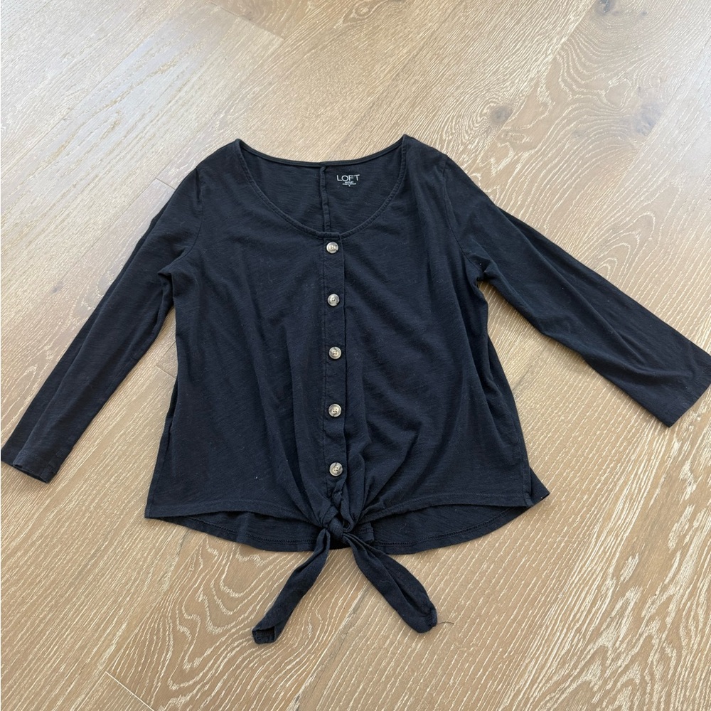 Loft Women’s Black Tie Front Cotton Shirt Three Quarter Sleeve Size Small